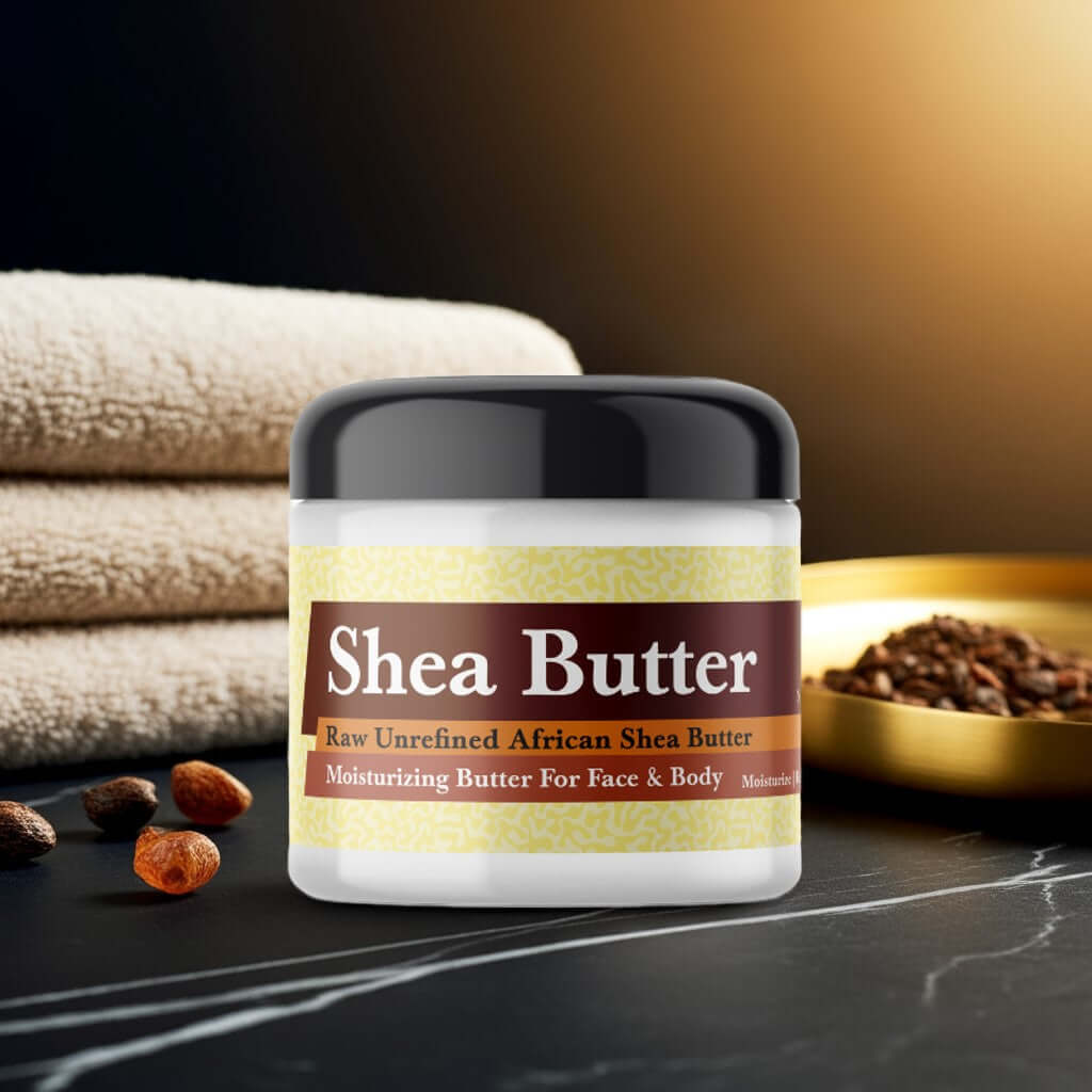 Jar of Imported Oud Al Mas Scented Shea Butter on a spa background with towels and spices.