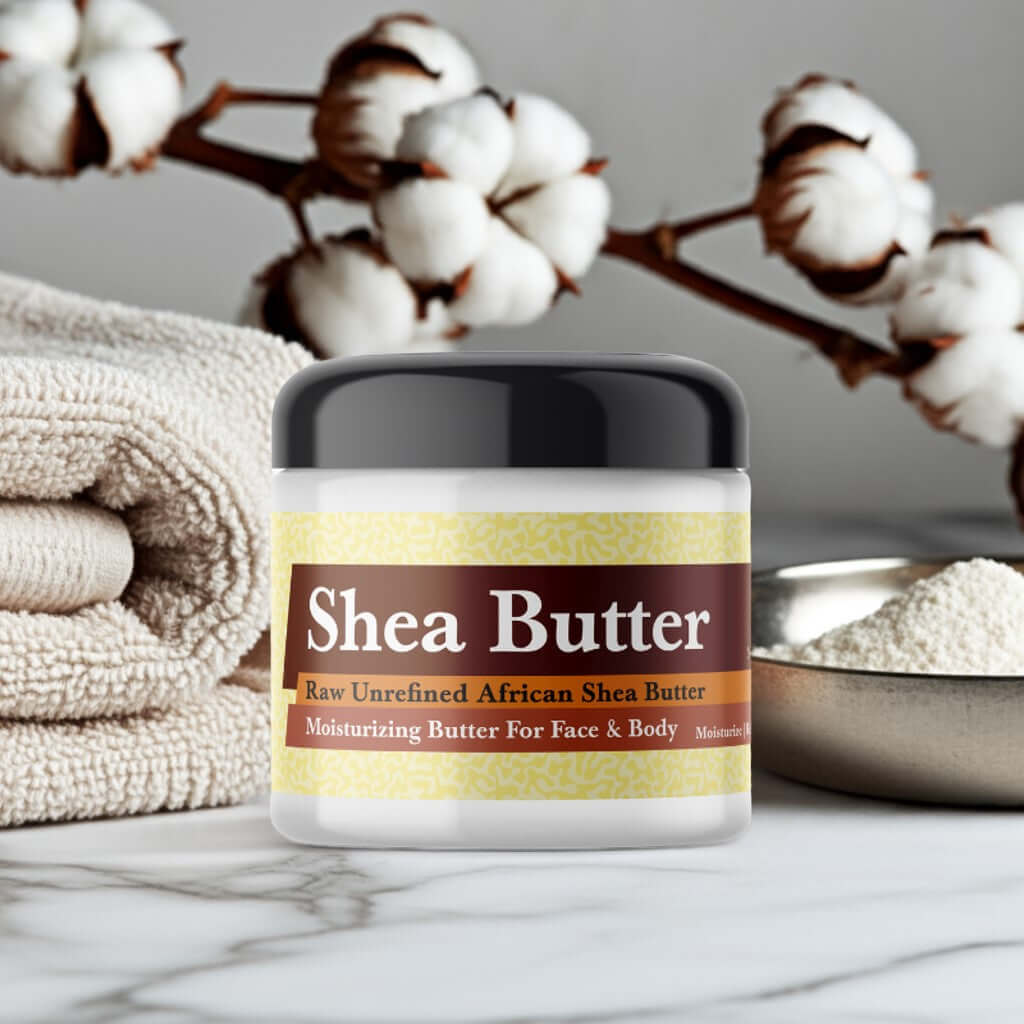 Imported Tahara Musk Scented Shea Butter container with cotton decor and towels, highlighting its luxurious texture and organic composition.