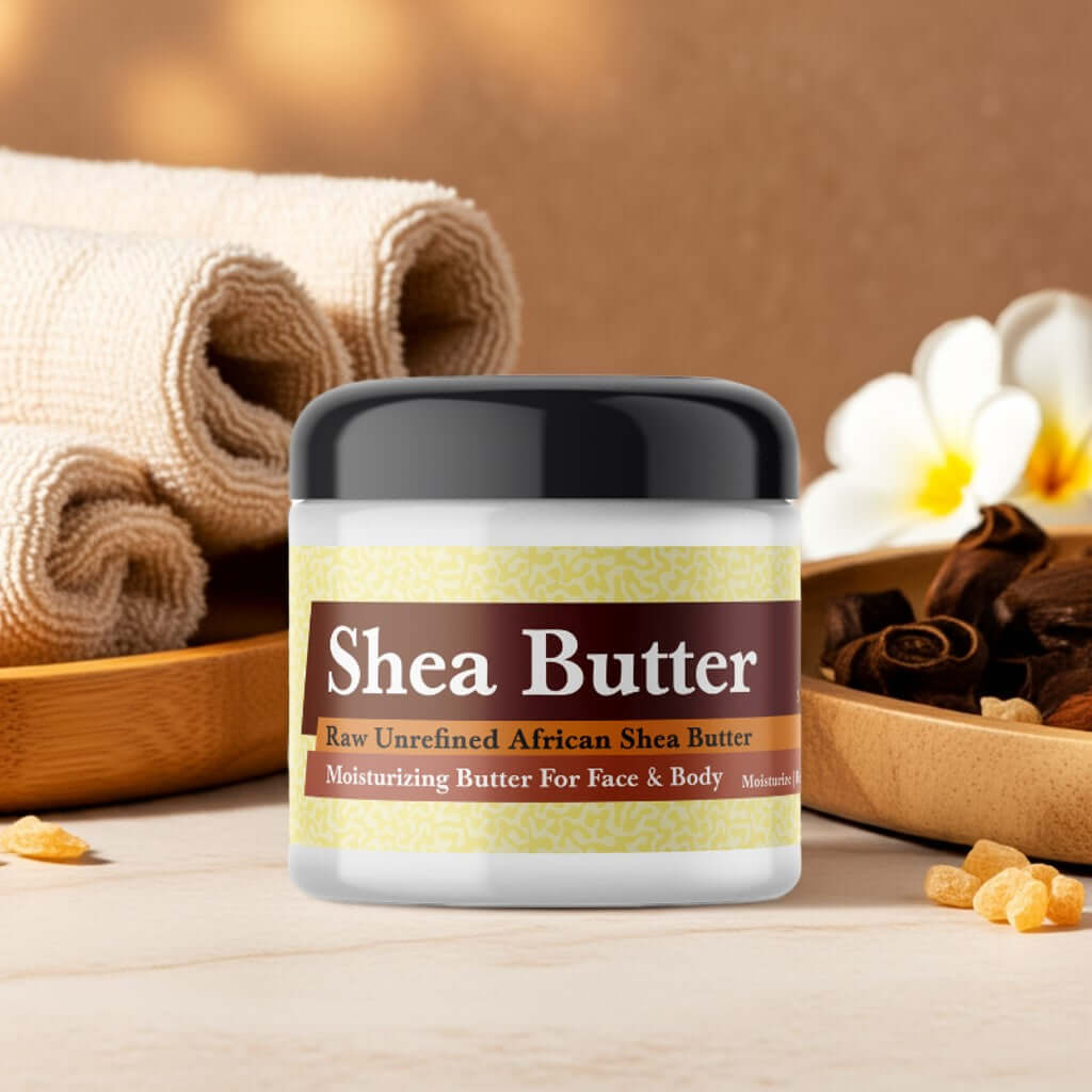 Jar of Imported White Oud Scented Shea Butter with raw African shea butter in a spa setting.