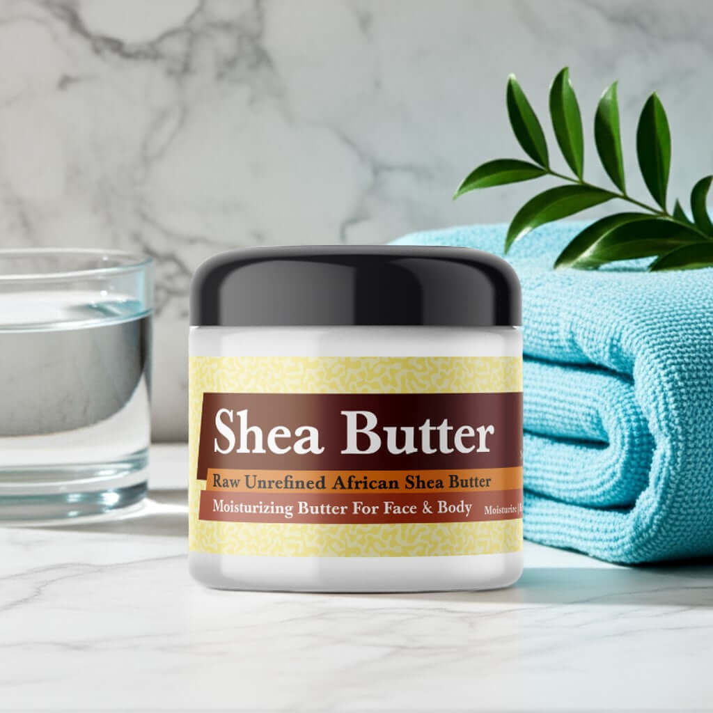 Issey Miyake Inspired Scented Shea Butter in a jar with plant and towel background.