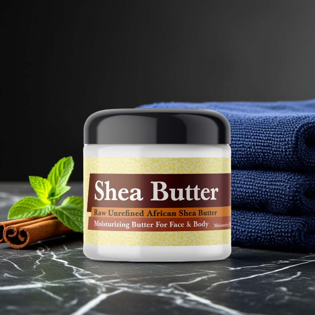 Jean Paul Gaultier Le Male Inspired Scented Shea Butter on marble with blue towels and mint
