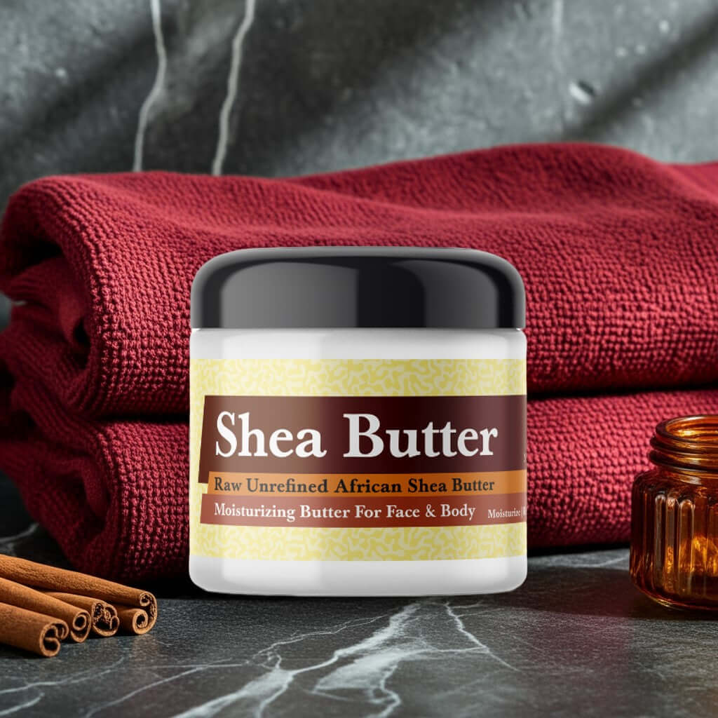 Joop Inspired Scented Shea Butter in a jar with red towels and cinnamon sticks.