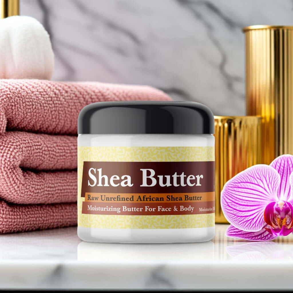 Khloe Kardashian Inspired Scented Shea Butter in luxurious jar with orchid and towels