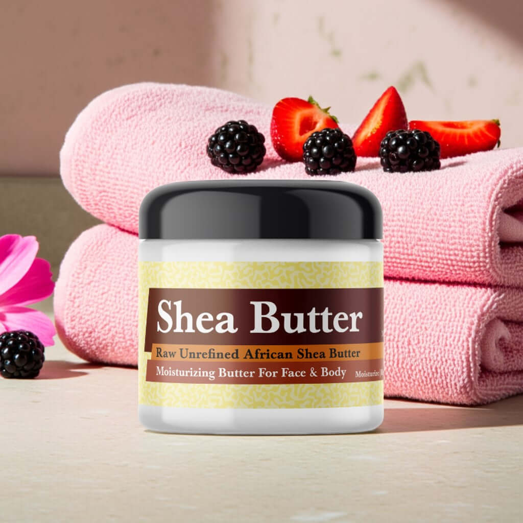 Jar of Lick Me All Over Scented Shea Butter with fruits and pink towels
