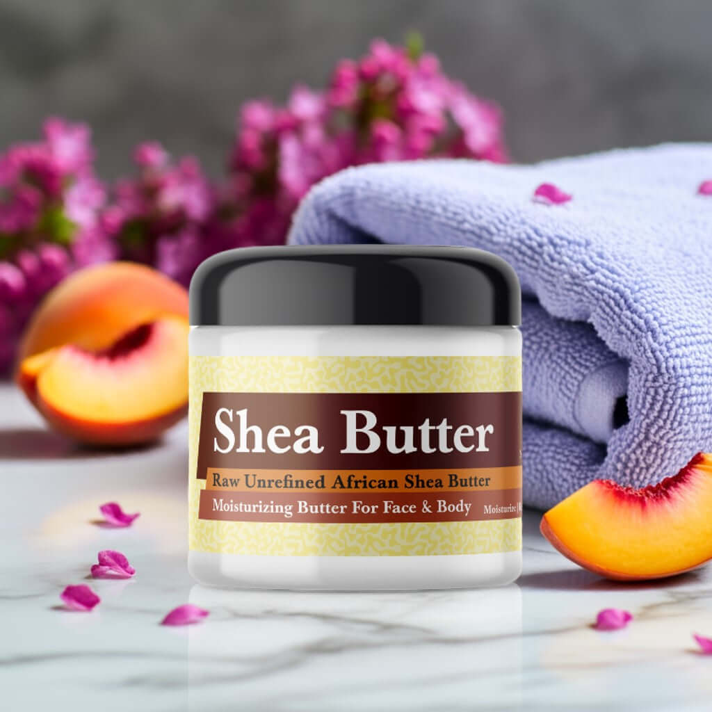 Jar of Love Spell Inspired Scented Shea Butter with flowers and sliced fruit.