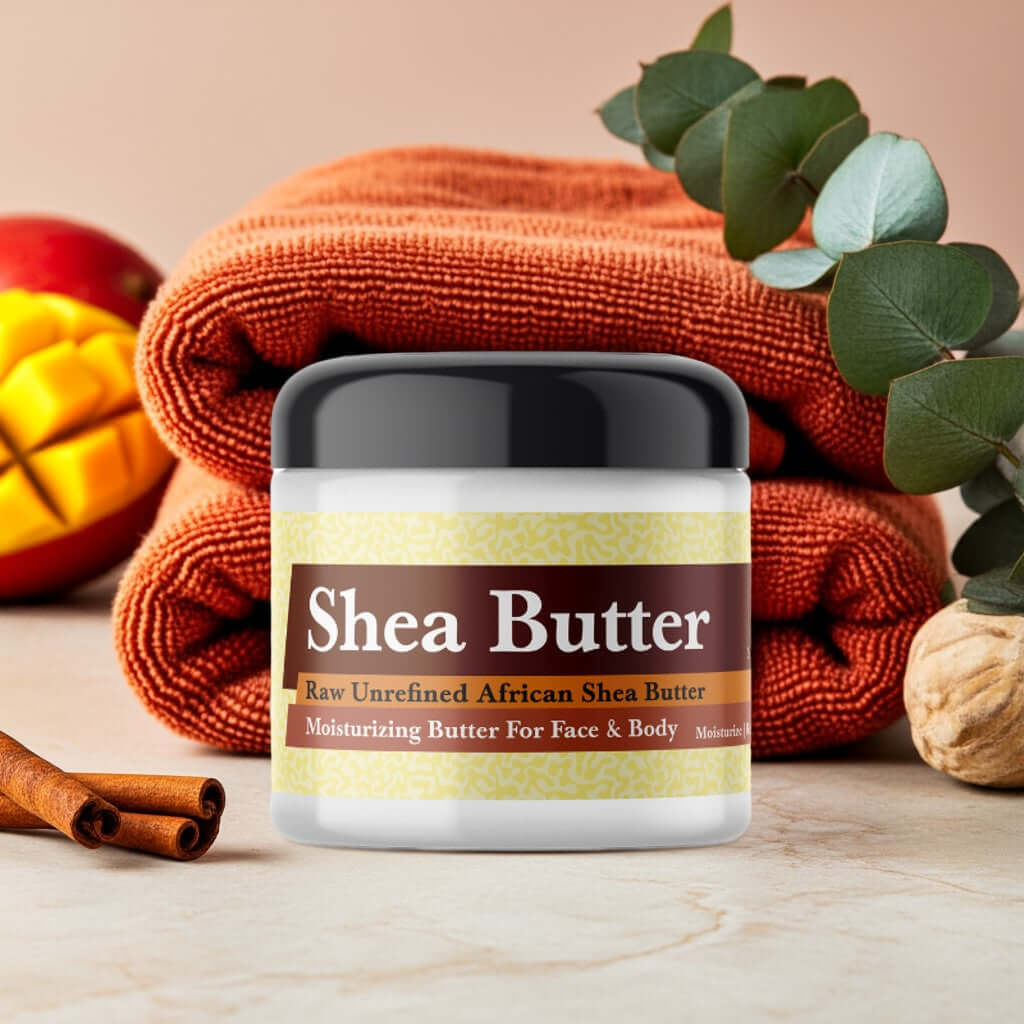 Mango Thieves Scented Shea Butter jar with mango and cinnamon accents, showcasing moisturizing product benefits.
