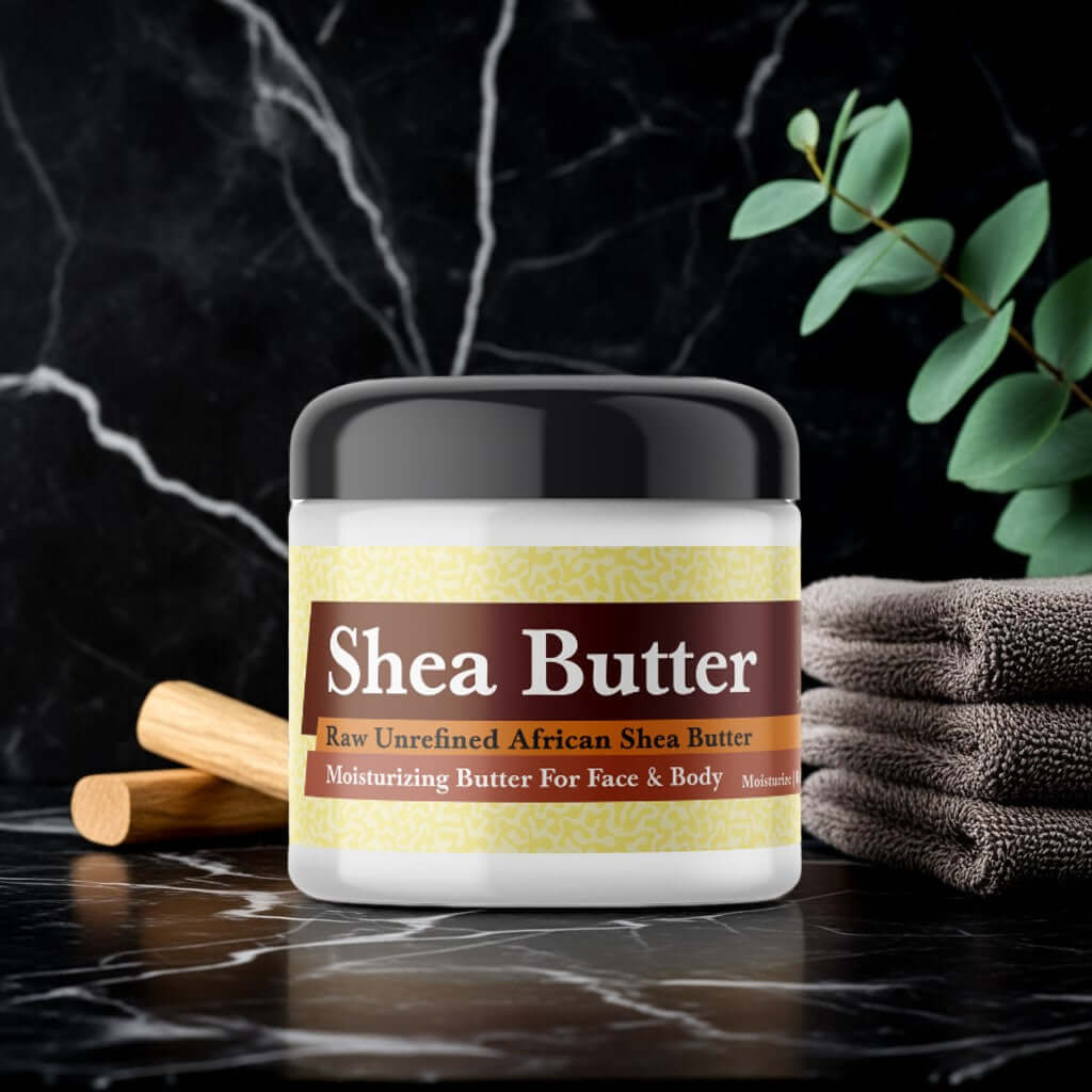Michael Kors for Men Inspired Scented Shea Butter in a black and gold jar on a marble surface with eucalyptus and towels.