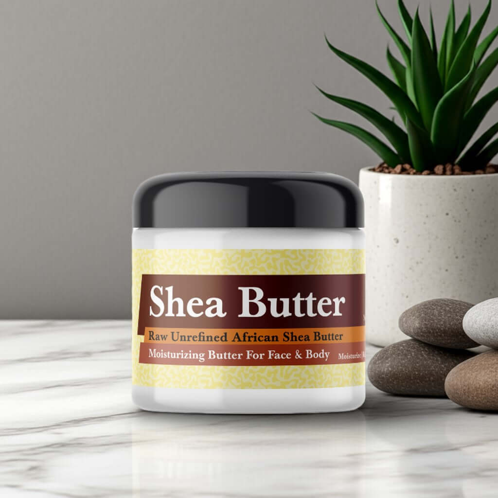 Nag Champa Scented Shea Butter in a jar, perfect for moisturizing face and body, placed on a marble surface with decorative stones.