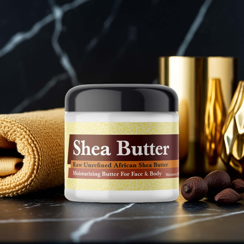 One Million Golden Oud Inspired Scented Shea Butter jar with African shea nuts and golden decor setting.