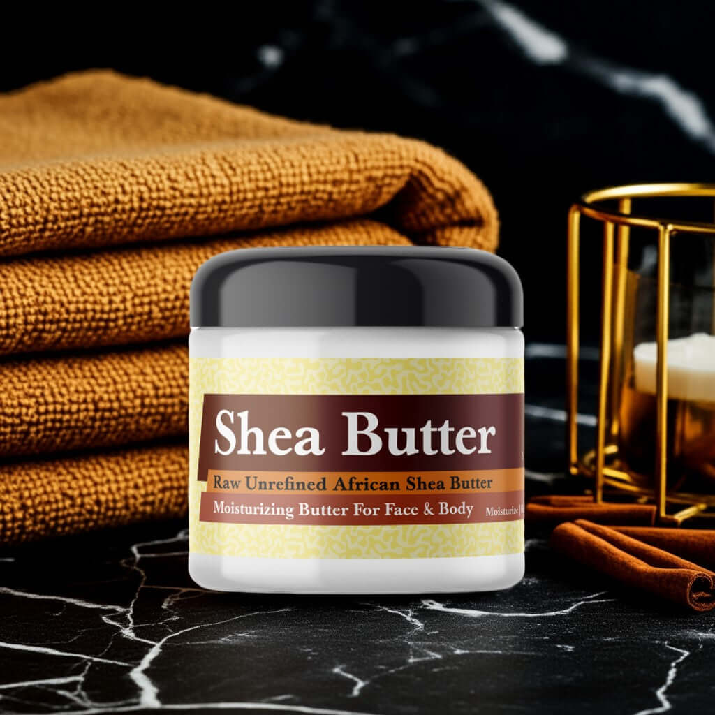 One Million Inspired Scented Shea Butter jar on a marble surface with towels in the background