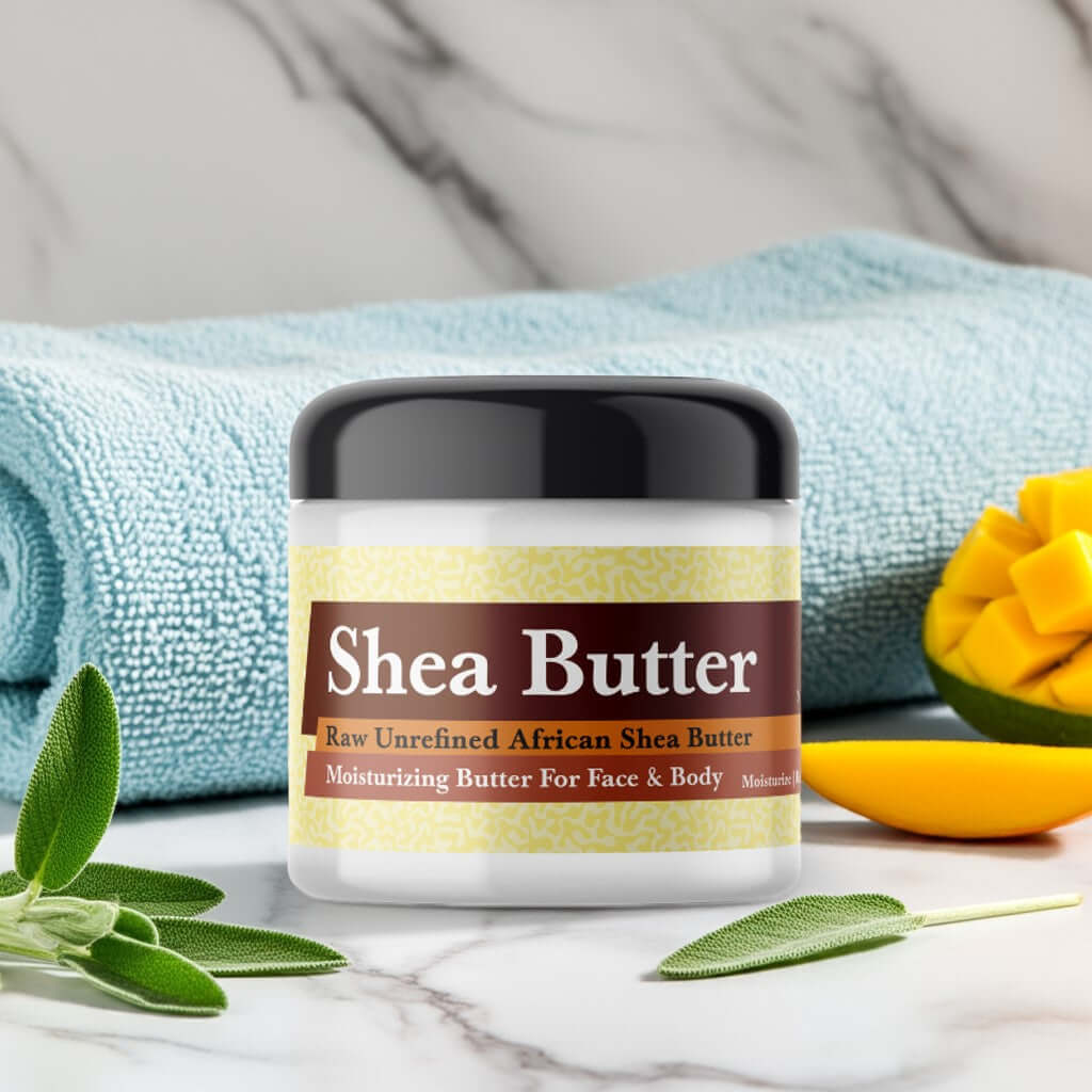 Paris Hilton for Men Inspired Scented Shea Butter container with mango and towel background.