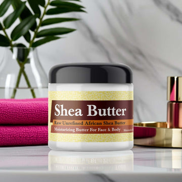 Paris Hilton Pink Rush Inspired Scented Shea Butter on a marble shelf with decorative elements in the background, enhancing skincare appeal.