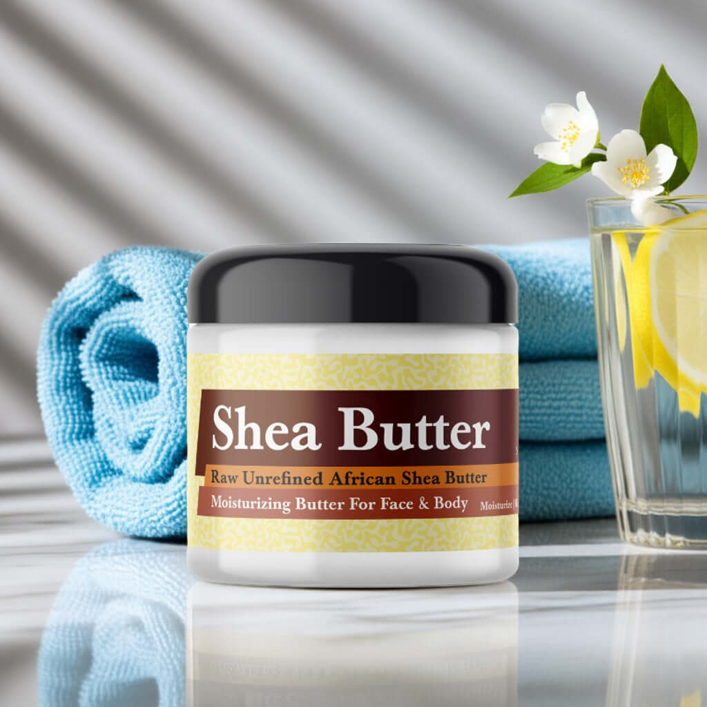 Perry Ellis 360 Inspired Scented Shea Butter jar on a marble surface with lemon water and towel in the background.