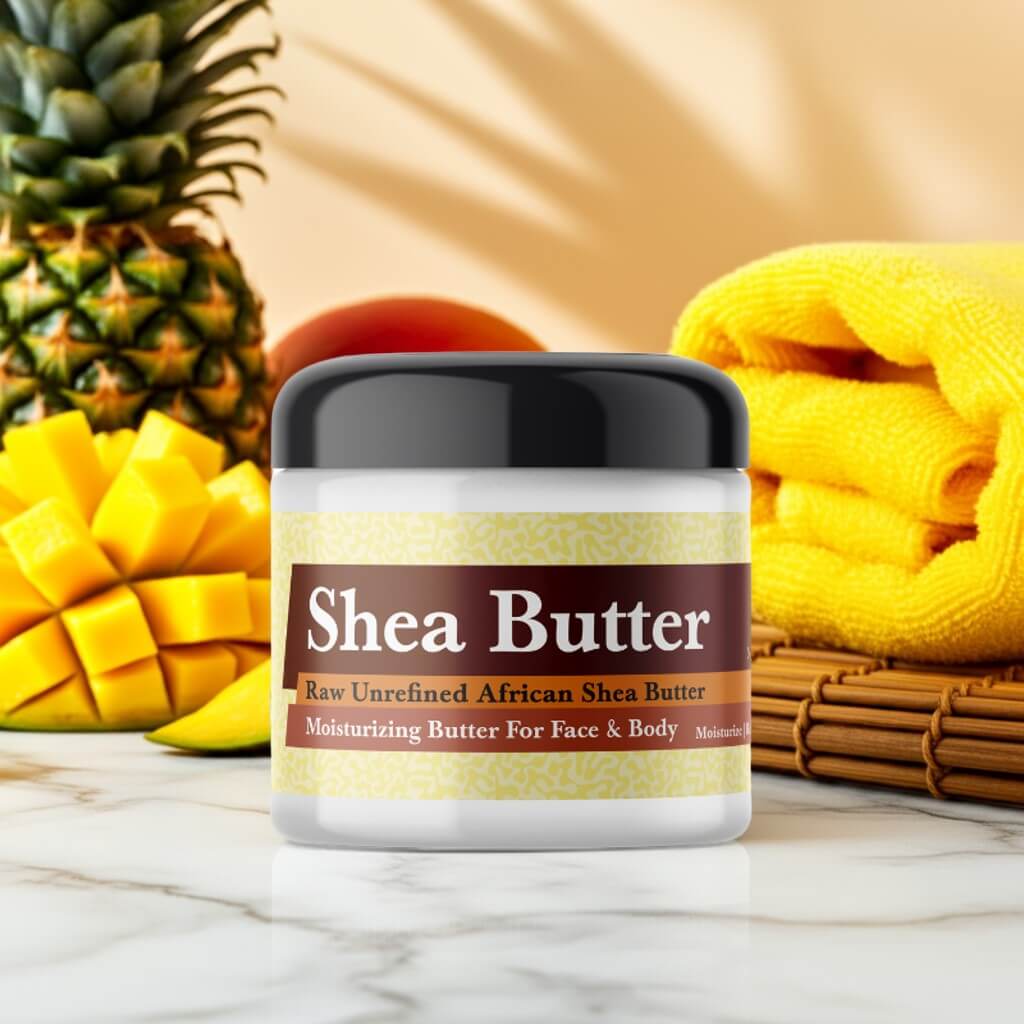 Pineapple Express Scented Shea Butter jar with tropical decor, highlighting raw unrefined African shea butter, for face and body care.