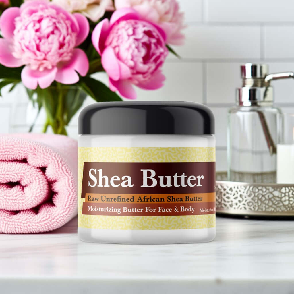 Bath & Body Pink Chiffon Inspired Scented Shea Butter jar with pink towel and flowers in bathroom setting.