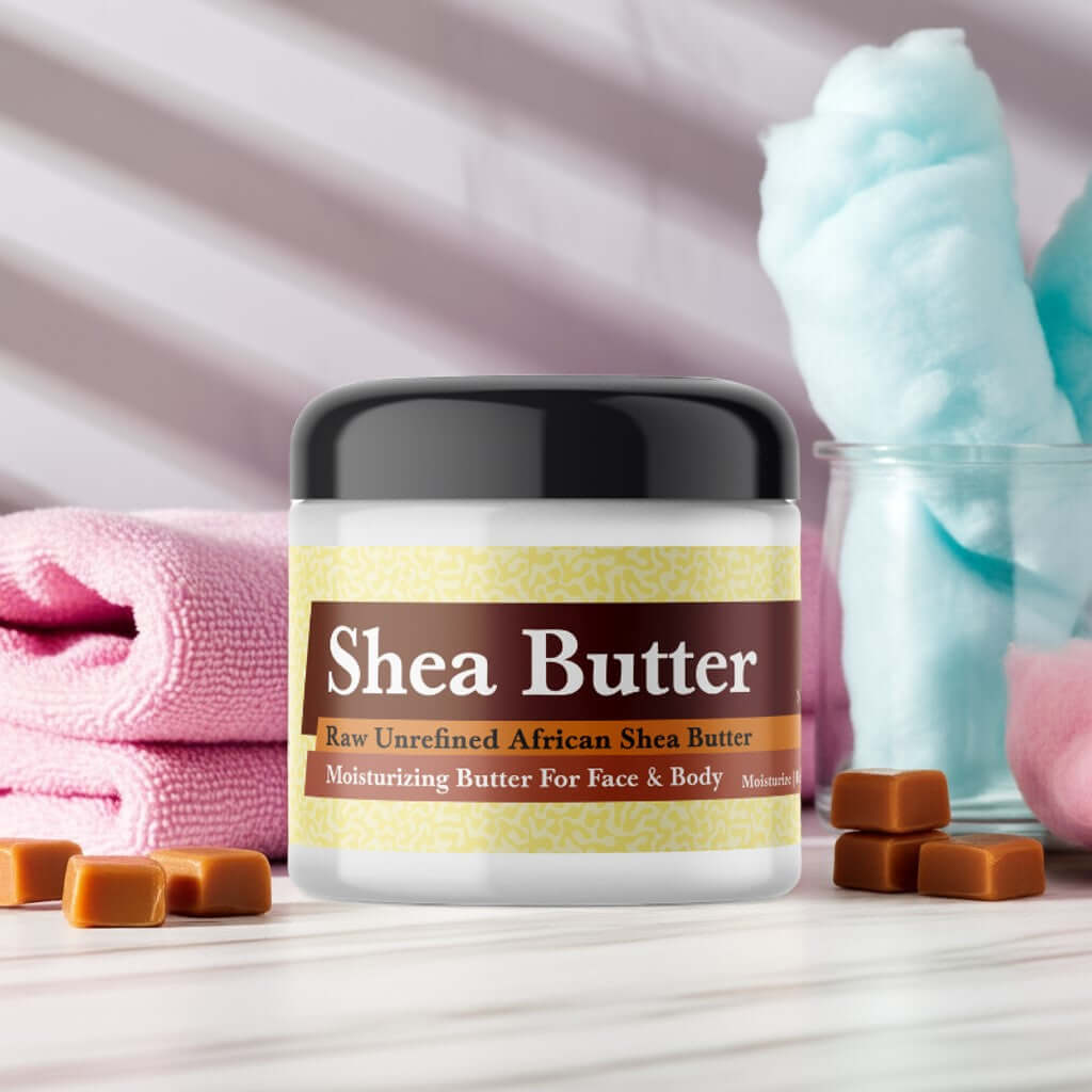 Jar of Pink Sugar Scented Shea Butter with pink towel and pastel cotton candy