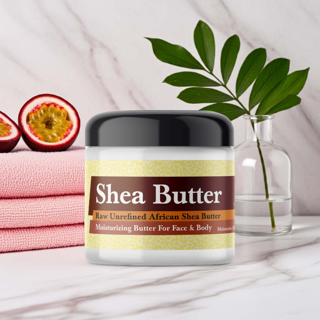Jar of Rihanna RiRi Inspired Scented Shea Butter with exotic fruits and greenery in background.