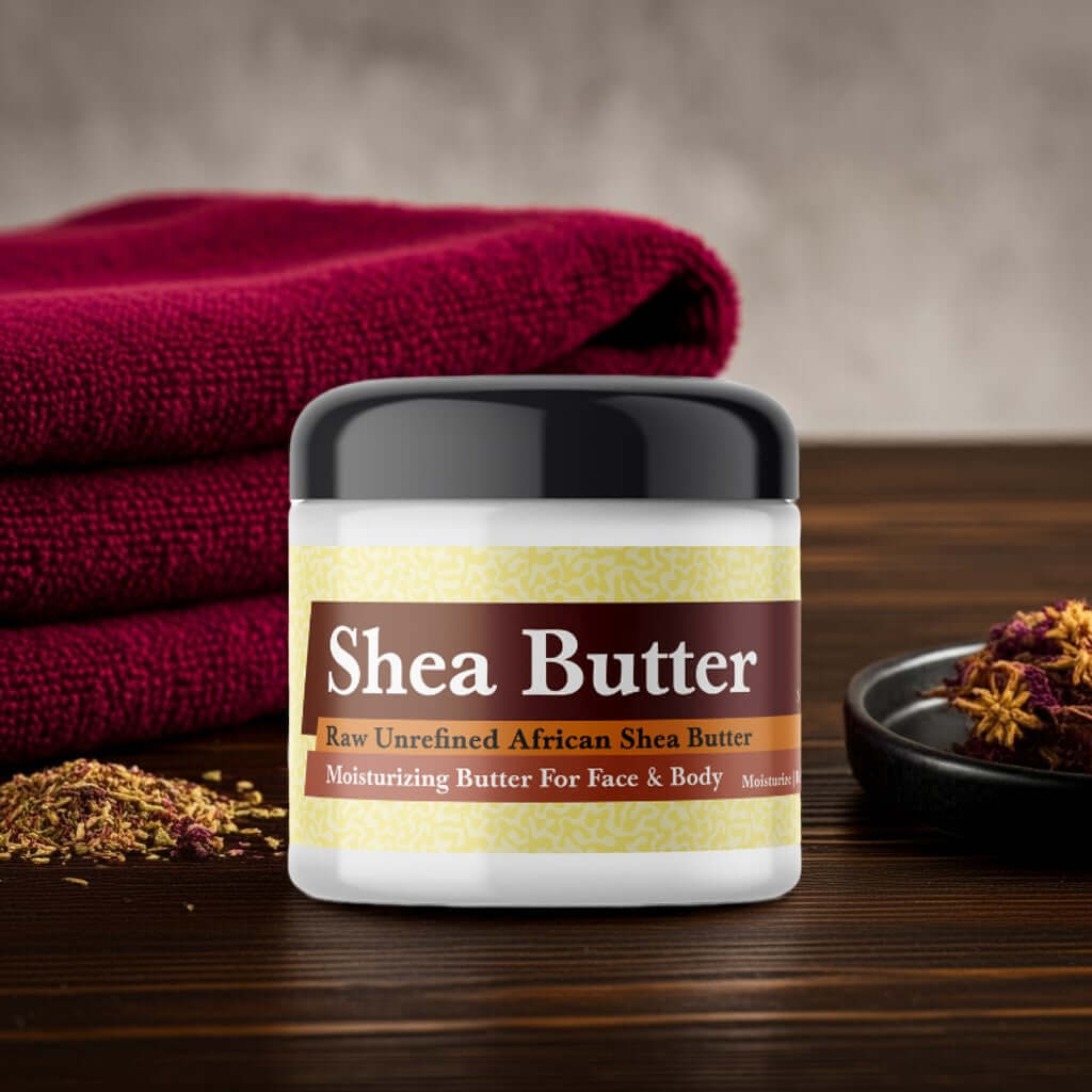 Sabatt Scented Shea Butter jar on a wooden table with red towel and floral decor.