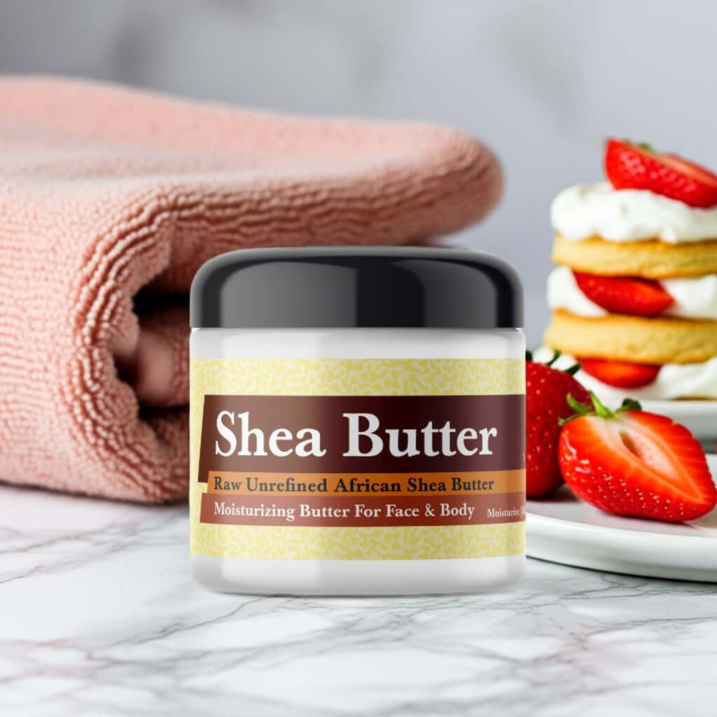 Strawberry Pound Cake Inspired Scented Shea Butter jar with strawberries and towel in background