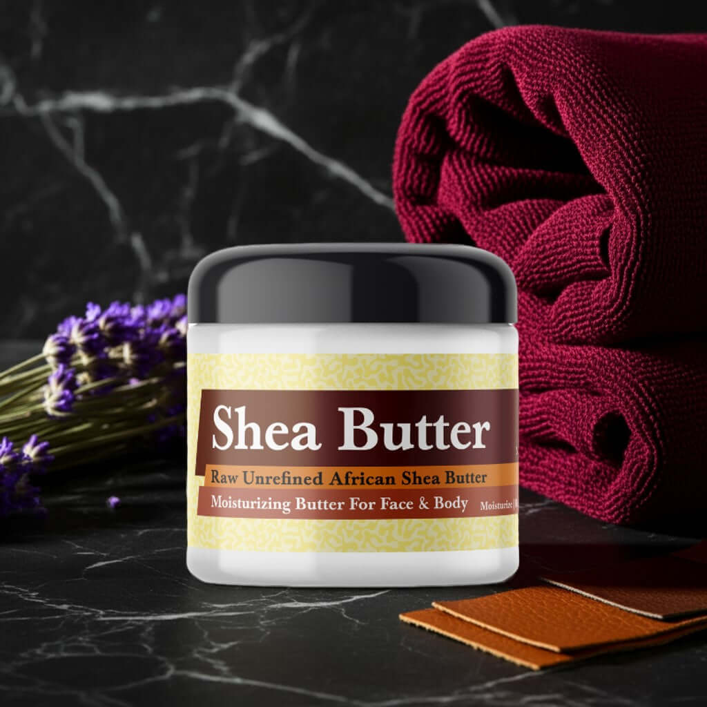 Tom Ford Fucking Fabulous Inspired Scented Shea Butter in a stylish jar with lavender and red towel background.