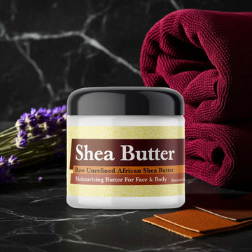 Tom Ford Fucking Fabulous Inspired Scented Shea Butter in a stylish jar with lavender and red towel background.