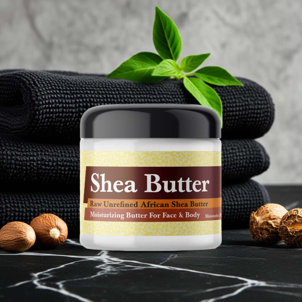 Jar of Tom Ford Noir Inspired Scented Shea Butter on marble with black towels and nuts.