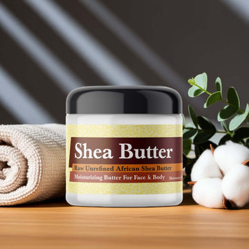 Jar of Raw African Shea Butter with natural settings, highlighting moisturizing benefits for face and body.