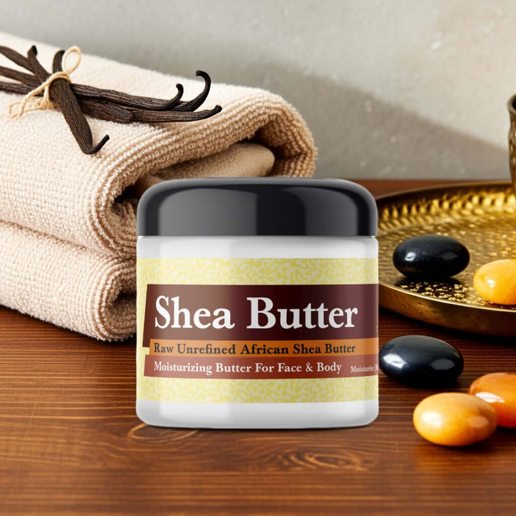 Vanilla Woods Inspired Scented Shea Butter jar with towels and stones arranged