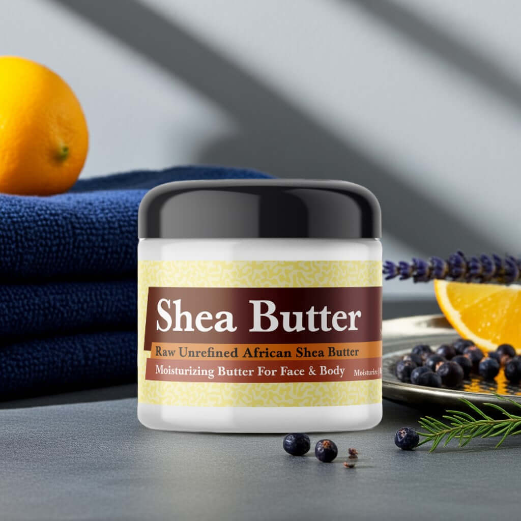 Versace Blue Jeans Inspired Scented Shea Butter in a jar with oranges and berries for luxurious skincare.