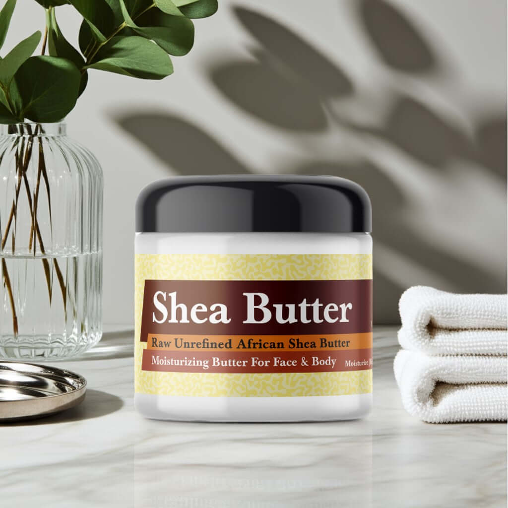 White Linen Scented Shea Butter jar on table with plants and towels