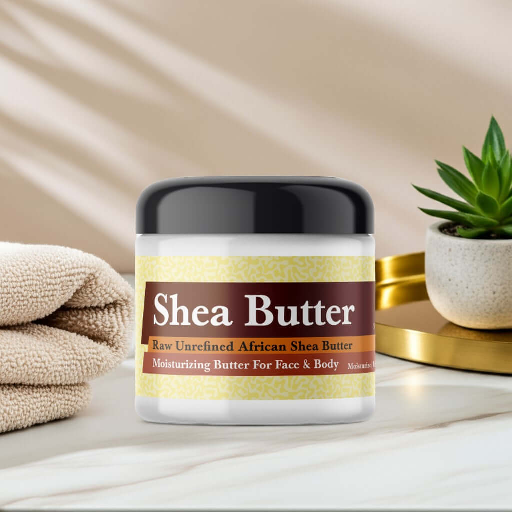 Alt Tag: YSL Libre Inspired Scented Shea Butter in a jar on spa-like background with plant and towels