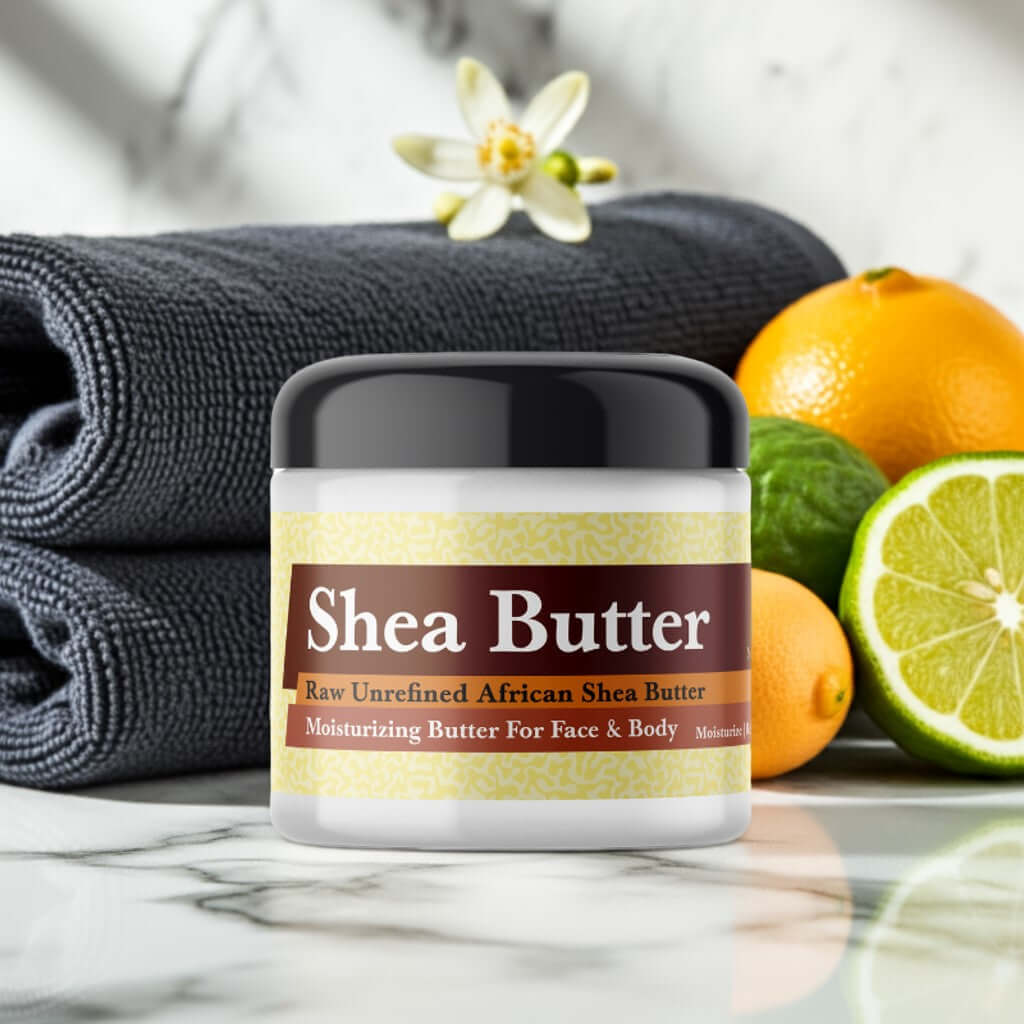 YSL Myslf Inspired Scented Shea Butter jar with citrus fruits on marble countertop.