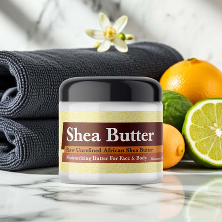 YSL Myslf Inspired Scented Shea Butter jar with citrus fruits on marble countertop.