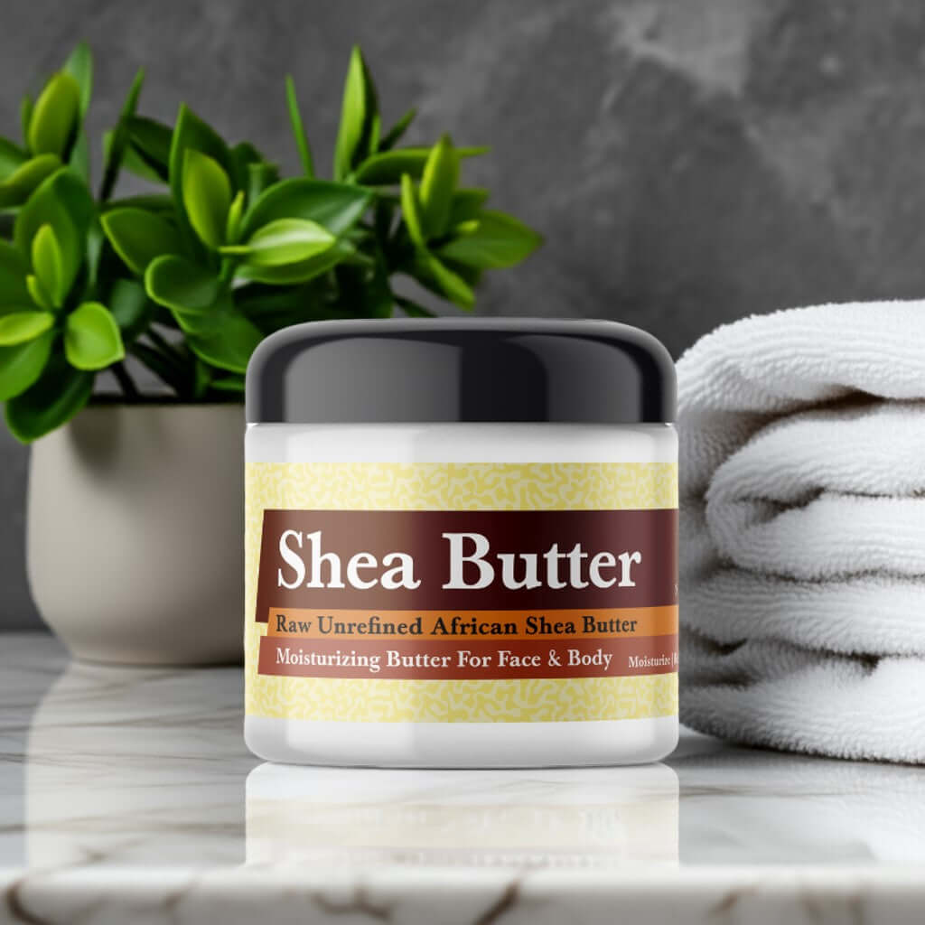 YSL Y Women inspired Scented Shea Butter jar on marble countertop with green plant and towels.