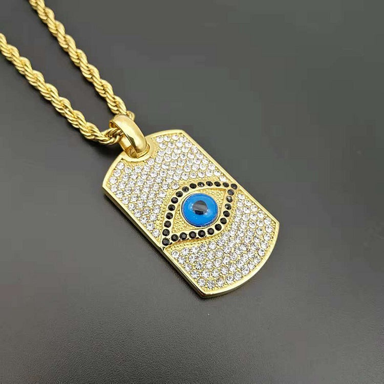 Real 18k Gold-Plated Dog Tag Evil Eye Necklace with Stainless Steel Chain by Ancient Infusions – Modern Protective Design.