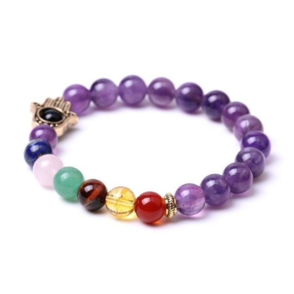 Real Amethyst Hamsa 7 Chakra Bracelet for Men and Women - Clarity and Protection.