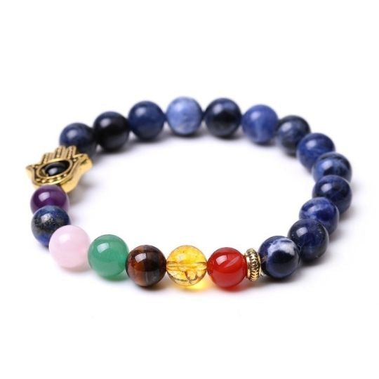 Real Lapis Lazuli Hamsa 7 Chakra Bracelet for Men and Women - Wisdom and Protection.