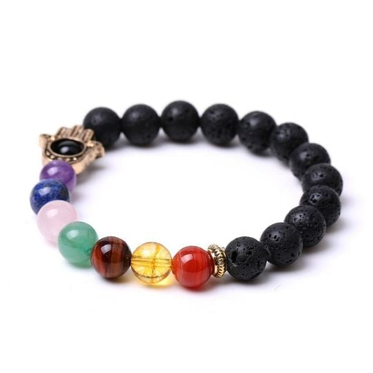 Real Lava Stone Hamsa 7 Chakra Bracelet for Men and Women - Grounding and Balance.