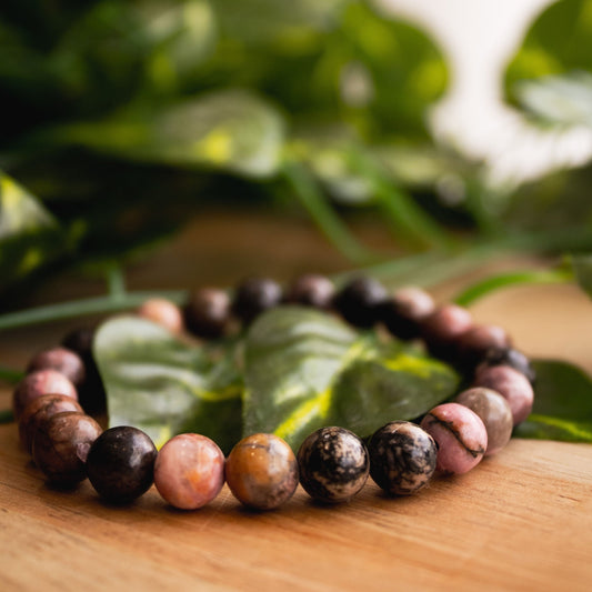 Real Rhodonite Beaded Bracelet for Women and Men – Elastic Healing Jewelry.