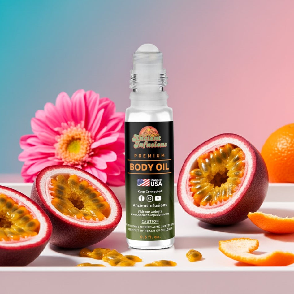 RiRi inspired body oil bottle on white tray surrounded by tropical fruits and florals