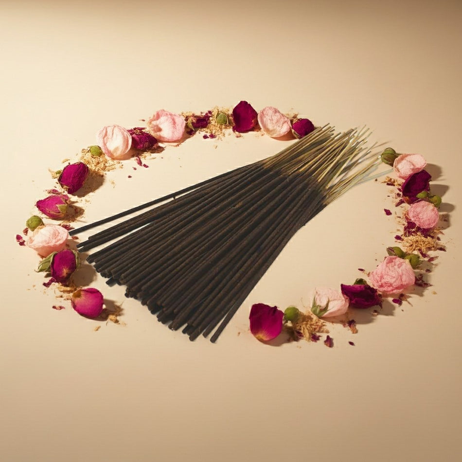 Rose Champagne Incense Sticks surrounded by flowers on a beige background