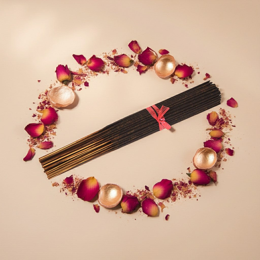 Rose Champagne Incense Sticks with rose petals and gold balls on a beige background