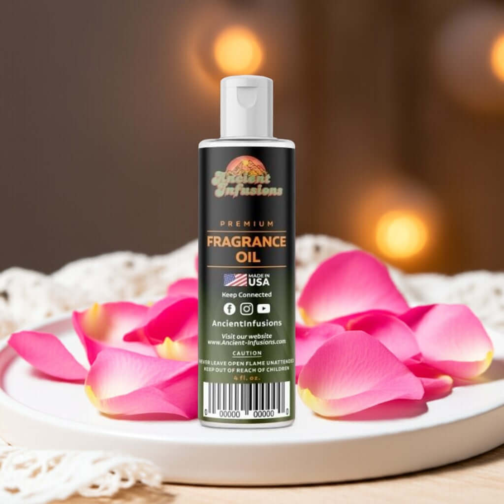 Rose Petals Fragrance Oil bottle surrounded by rose petals, highlighting romantic and elegant scent profile.