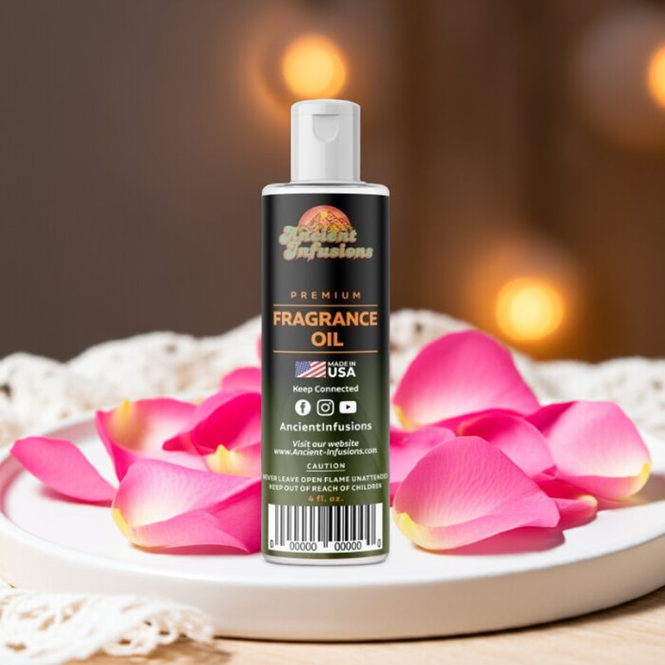 Fragrance oil bottle with pink petals on a blurred background