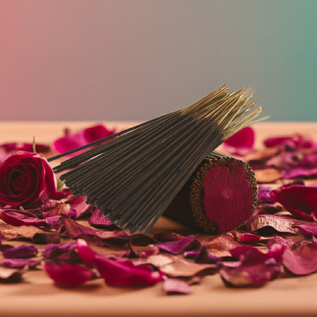 Rose Petals Incense Sticks on a wooden surface with pink rose petals