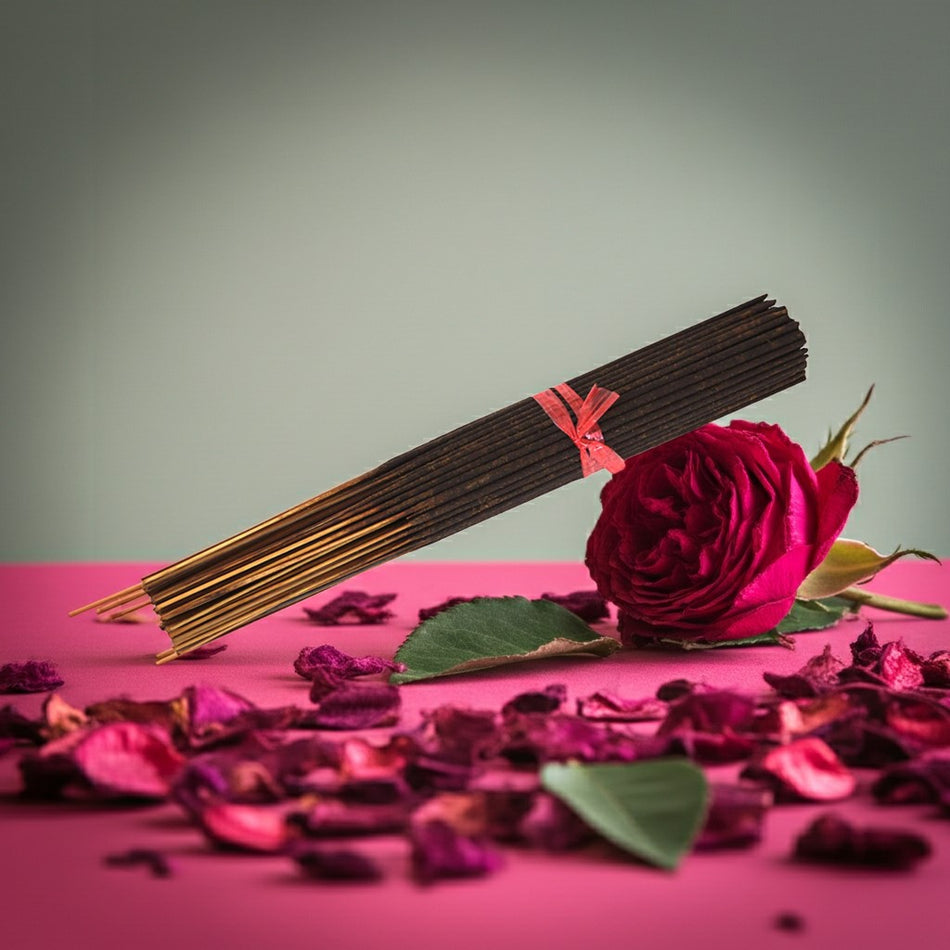 Rose Petals Incense Sticks with roses and petals on a pink background