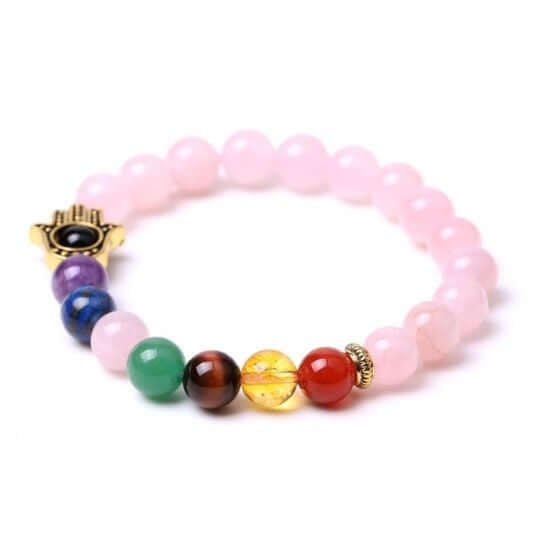 Real Rose Quartz Hamsa 7 Chakra Bracelet for Women - Love and Protection.