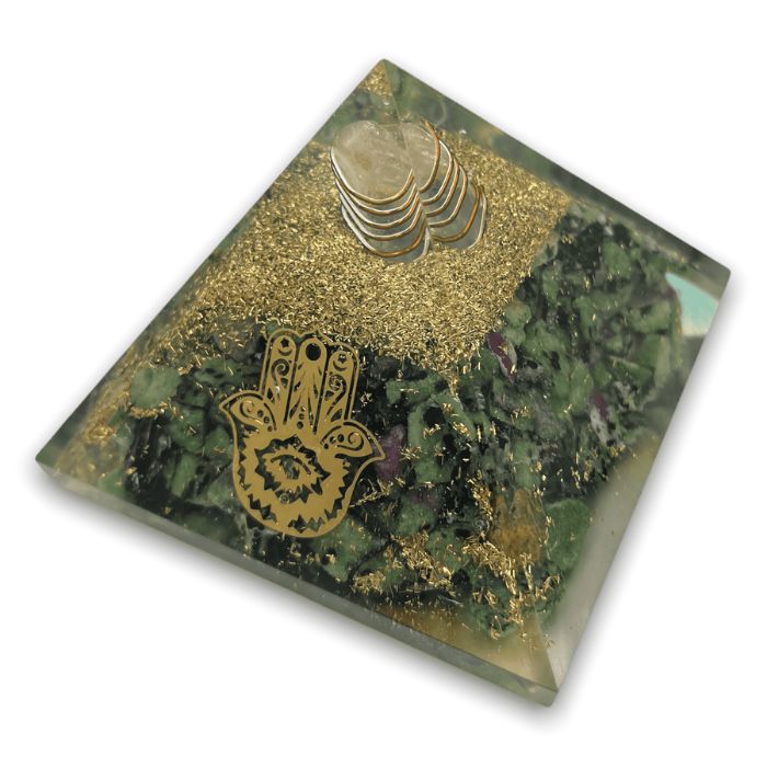 Ruby Zoisite Orgonite Pyramid by Ancient Infusions - Foster spiritual growth and heightened awareness with the harmonious influence of Ruby Zoisite crystal and orgonite technology.