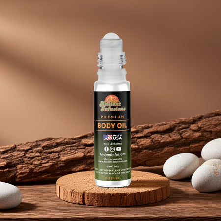 Sandalwood body oil roll-on bottle on natural wood surface with resin and bark