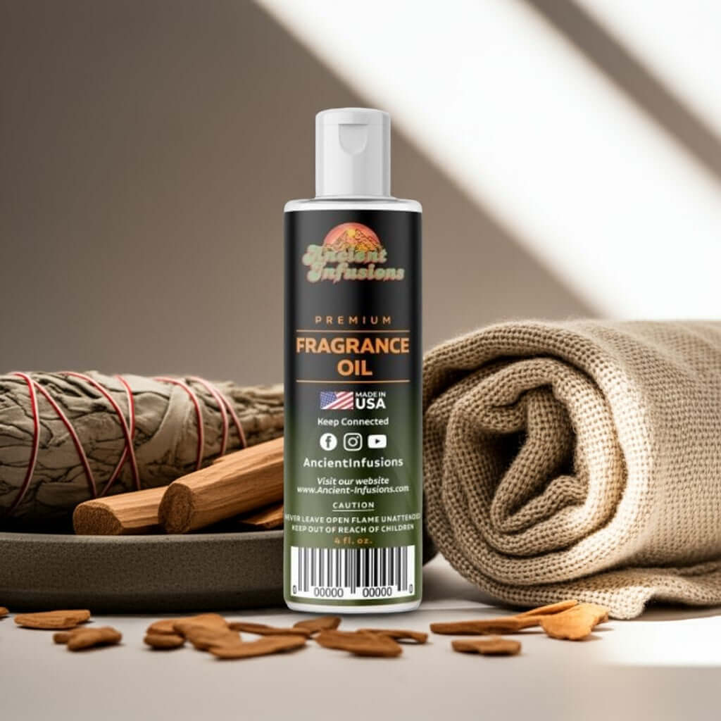 Sandalwood Fragrance Oil bottle surrounded by sandalwood sticks and fabric, evoking a calming and refined scent.